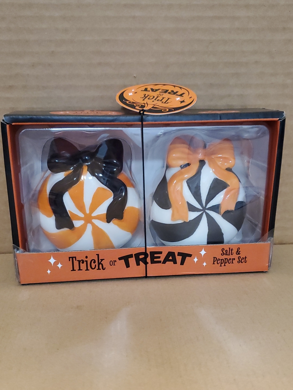 Halloween Trick or Treat Orange & Black Salt and Pepper Shaker Set